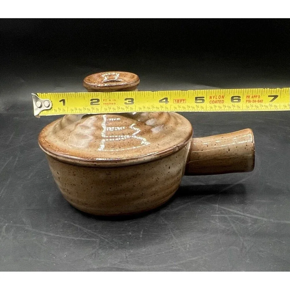 Vintage Brown Speckled Stoneware Soup Crock Bowl w Lid Side Handle Vented